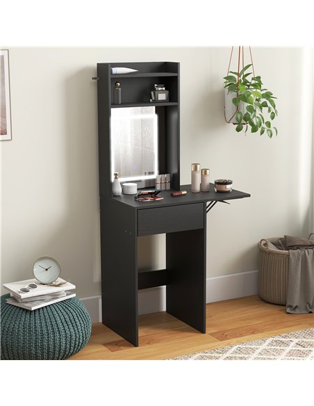 HOMCOM Small Vanity Desk with Mirror and LED Lights, Compact Dressing Table with Drop Leaf, Open Shelves and Drawer, Black - pic 191054 | FastDaddyshop