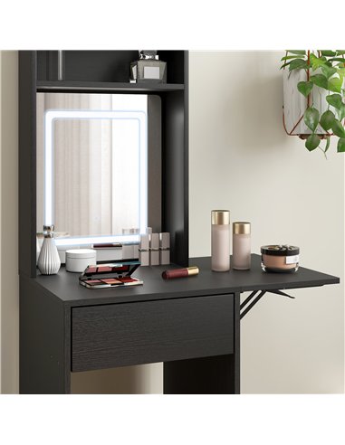 HOMCOM Small Vanity Desk with Mirror and LED Lights, Compact Dressing Table with Drop Leaf, Open Shelves and Drawer, Black