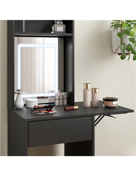 HOMCOM Small Vanity Desk with Mirror and LED Lights, Compact Dressing Table with Drop Leaf, Open Shelves and Drawer, Black - pic 191055 | FastDaddyshop