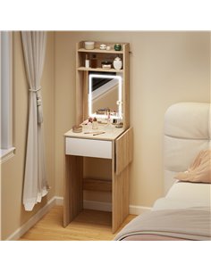 HOMCOM Small Vanity Desk with Mirror and LED Lights, Compact Dressing Table with Drop Leaf, Open Shelves, Natural Wood 2