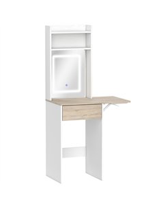 HOMCOM Small Vanity Desk with Mirror and LED Lights, Compact Dressing Table with Drop Leaf, Open Shelves and Drawer, White