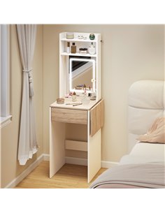 HOMCOM Small Vanity Desk with Mirror and LED Lights, Compact Dressing Table with Drop Leaf, Open Shelves and Drawer, White 2