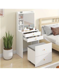 HOMCOM Dressing Table with Mirror and Mobile Storage Stool, Compact Vanity Table with Cabinet, Drawers, Open Shelves, White 2