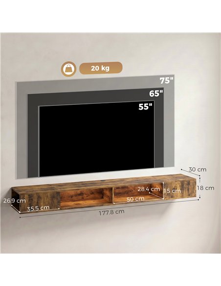 HOMCOM Wall Mounted TV Stand with RGB LED Lights, Floating Entertainment Centre for 75 Inch TV, Rustic Brown - pic 191112 | FastDaddyshop