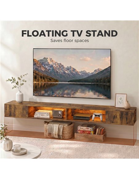 HOMCOM Wall Mounted TV Stand with RGB LED Lights, Floating Entertainment Centre for 75 Inch TV, Rustic Brown - pic 191113 | FastDaddyshop