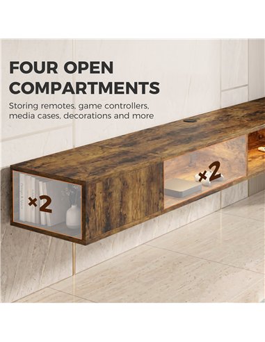 HOMCOM Wall Mounted TV Stand with RGB LED Lights, Floating Entertainment Centre for 75 Inch TV, Rustic Brown