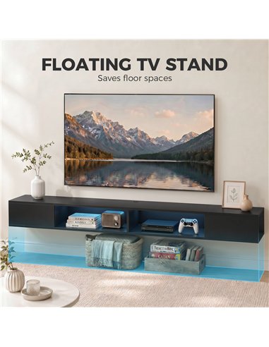 HOMCOM Wall Mounted TV Stand with RGB LED Lights, Floating Entertainment Centre for 75 Inch TV, Black