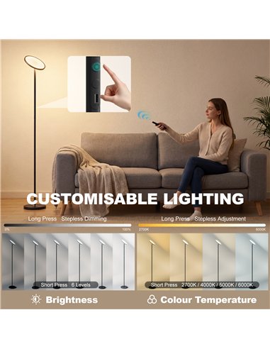 HOMCOM Uplighter Floor Lamp with Tuya App and Music Sync, Standing Lamp with Adjustable Head for Living Room Bedroom, Black