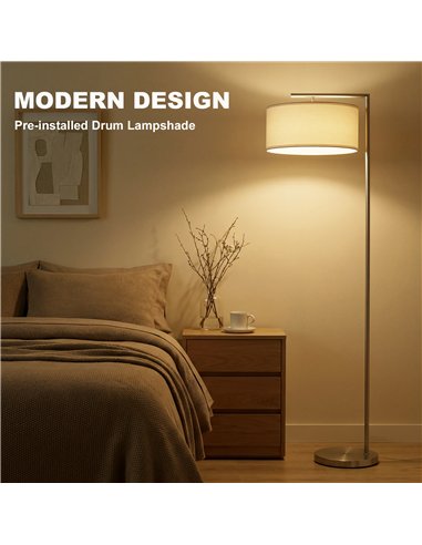 HOMCOM Floor Lamp, Modern Standing Lamp with Linen Lampshade, Round Base for Living Room, Bedroom, Dining Room, 153cm, Silver To