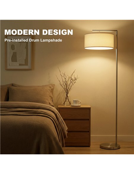 HOMCOM Floor Lamp, Modern Standing Lamp with Linen Lampshade, Round Base for Living Room, Bedroom, Dining Room, 153cm, Silver To - pic 191230 | FastDaddyshop