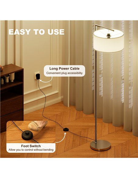 HOMCOM Floor Lamp, Modern Standing Lamp with Linen Lampshade, Round Base for Living Room, Bedroom, Dining Room, 153cm, Silver To - pic 191231 | FastDaddyshop