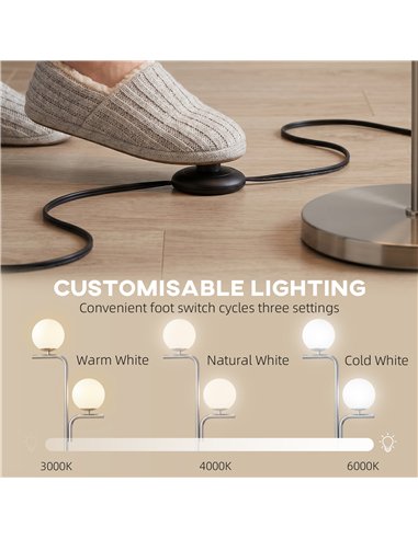 HOMCOM LED Floor Lamp, Modern Standing Lamp with 3 Colour Temperatures, Globe Glass Shades and Foot Switch, Silver Tone