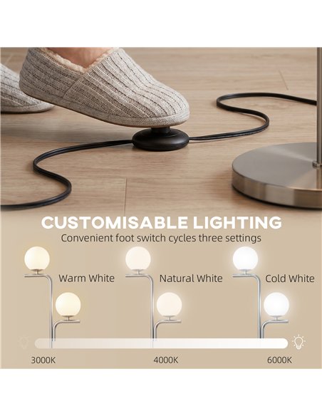 HOMCOM LED Floor Lamp, Modern Standing Lamp with 3 Colour Temperatures, Globe Glass Shades and Foot Switch, Silver Tone - pic 191249 | FastDaddyshop