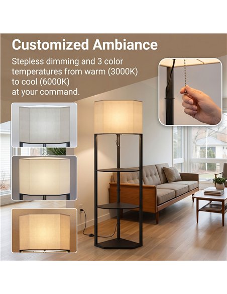HOMCOM Corner Floor Lamp with Shelves and Lights, Modern Dimmable Standing Lamp with 3000K/4000K/6000K Colour Temperature - pic 191284 | FastDaddyshop