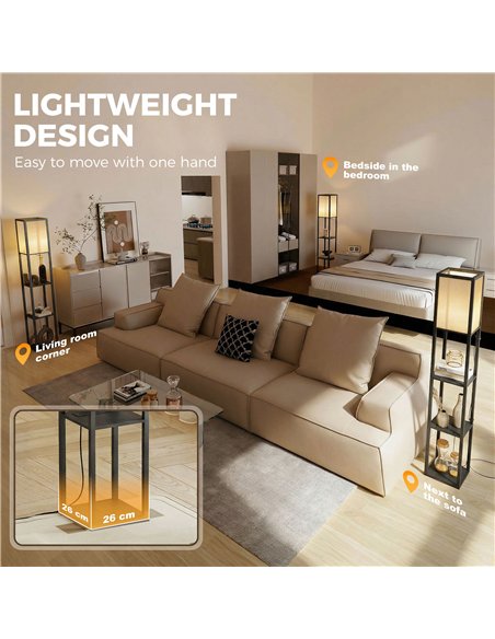 HOMCOM Floor Lamp with Shelves, 3 Layer Column Modern Standing Lamp for Living Room, Bedroom, Office, Black - pic 191298 | FastDaddyshop