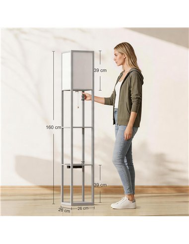 HOMCOM Floor Lamp with Shelves, 3 Layer Column Modern Standing Lamp for Living Room, Bedroom, Office, Grey