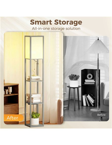 HOMCOM Floor Lamp with Shelves, 3 Layer Column Modern Standing Lamp for Living Room, Bedroom, Office, Grey - pic 191302 | FastDaddyshop