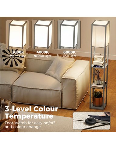 HOMCOM Floor Lamp with Shelves, 3 Layer Column Modern Standing Lamp for Living Room, Bedroom, Office, Grey