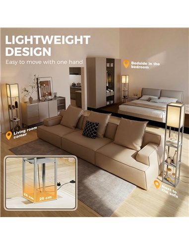 HOMCOM Floor Lamp with Shelves, 3 Layer Column Modern Standing Lamp for Living Room, Bedroom, Office, Grey