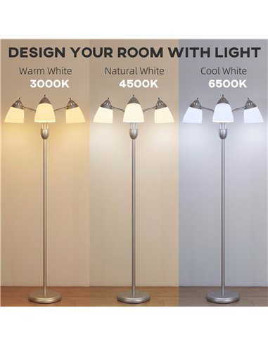 HOMCOM Arc Tree Floor Lamp with 3 Adjustable Rotating Lights and 3000K/4500K/6500K Colour Temperatures, Silver Tone