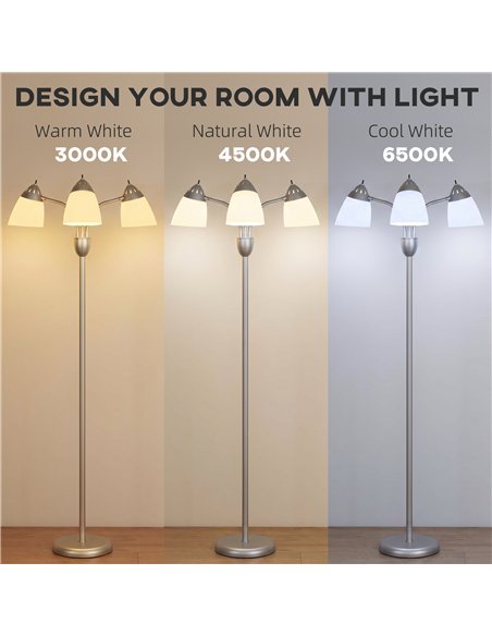 HOMCOM Arc Tree Floor Lamp with 3 Adjustable Rotating Lights and 3000K/4500K/6500K Colour Temperatures, Silver Tone - pic 191329 | FastDaddyshop