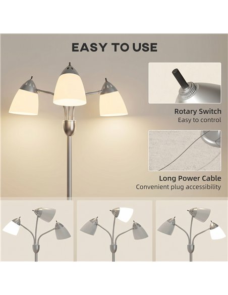HOMCOM Arc Tree Floor Lamp with 3 Adjustable Rotating Lights and 3000K/4500K/6500K Colour Temperatures, Silver Tone - pic 191332 | FastDaddyshop