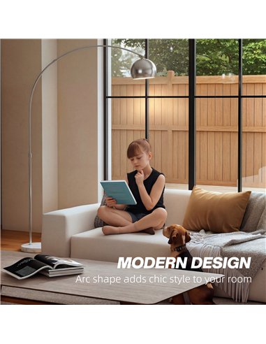 HOMCOM Arc Floor Lamp for Living Room, Modern Adjustable Standing Lamp with Faux Black Marble Base Silver Tone