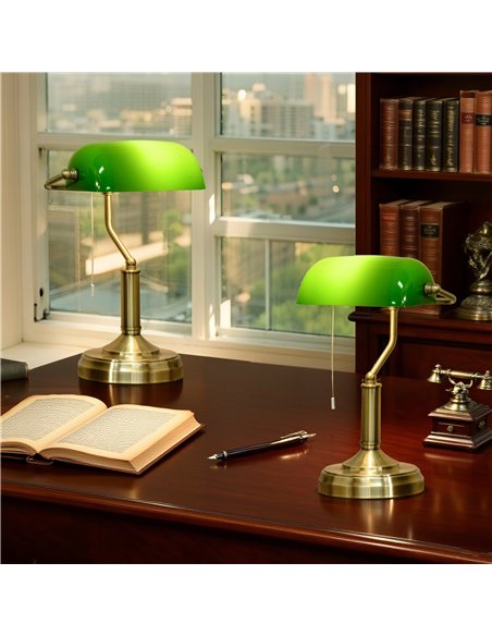 HOMCOM Banker's Table Lamps Set of 2, Desk Lamps with Antique Bronze Tone Base, Green Glass Shade and Pull Rope Switch for Home  - pic 191381 | FastDaddyshop
