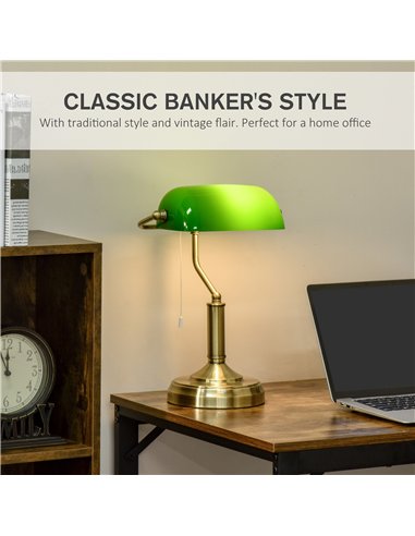 HOMCOM Banker's Table Lamps Set of 2, Desk Lamps with Antique Bronze Tone Base, Green Glass Shade and Pull Rope Switch for Home 