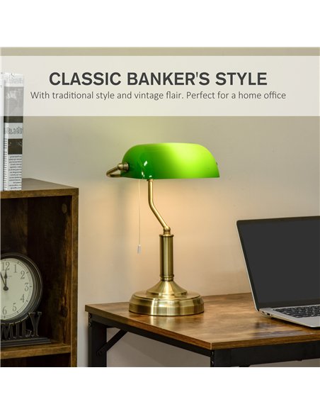 HOMCOM Banker's Table Lamps Set of 2, Desk Lamps with Antique Bronze Tone Base, Green Glass Shade and Pull Rope Switch for Home  - pic 191383 | FastDaddyshop