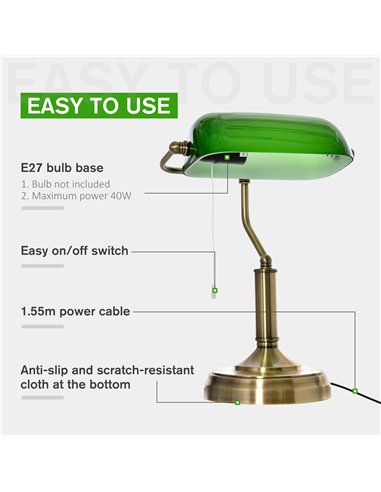 HOMCOM Banker's Table Lamps Set of 2, Desk Lamps with Antique Bronze Tone Base, Green Glass Shade and Pull Rope Switch for Home 