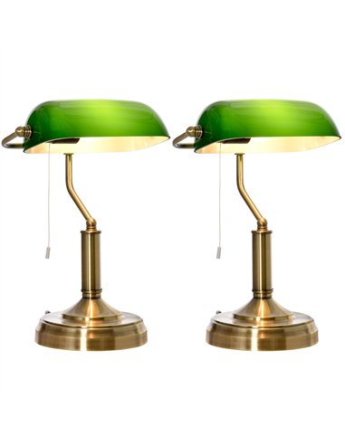 HOMCOM Banker's Table Lamps Set of 2, Desk Lamps with Antique Bronze Tone Base, Green Glass Shade and Pull Rope Switch for Home 