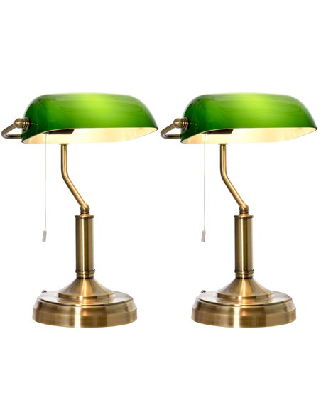 HOMCOM Banker's Table Lamps Set of 2, Desk Lamps with Antique Bronze Tone Base, Green Glass Shade and Pull Rope Switch for Home  - pic 191388 | FastDaddyshop