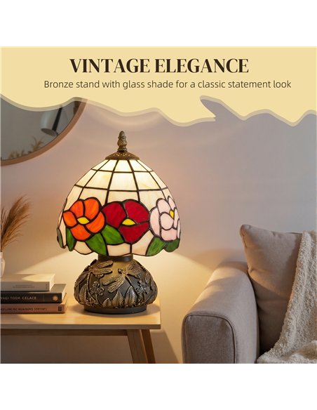 HOMCOM Handcrafted Classic Stained Glass Bedside Lamp, Tiffany-Style Table Lamp with Sculpted Dragonfly Base, Multi-Coloured - pic 191419 | FastDaddyshop