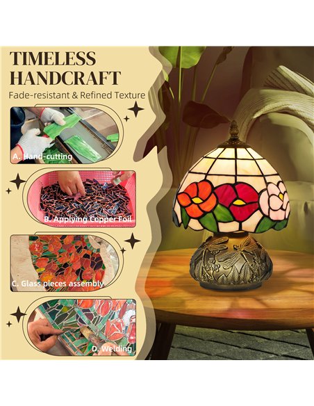 HOMCOM Handcrafted Classic Stained Glass Bedside Lamp, Tiffany-Style Table Lamp with Sculpted Dragonfly Base, Multi-Coloured - pic 191420 | FastDaddyshop