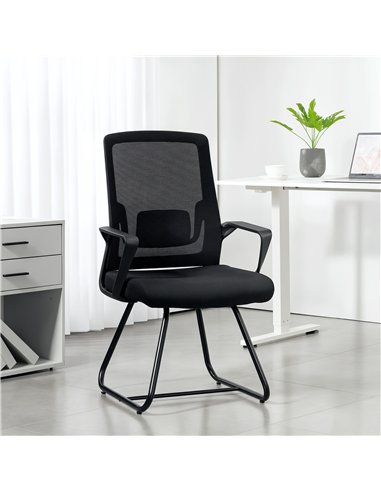 HOMCOM Desk Chair No Wheels, Office Chair with Mesh Back, Lumbar Support, Metal Base for Waiting Room, Conference Room, Black