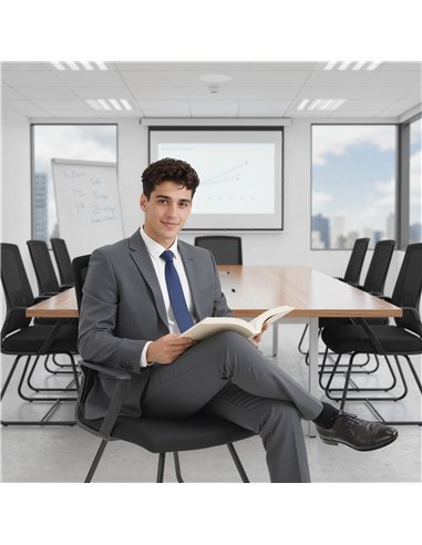 HOMCOM Desk Chair No Wheels, Office Chair with Mesh Back, Lumbar Support, Metal Base for Waiting Room, Conference Room, Black