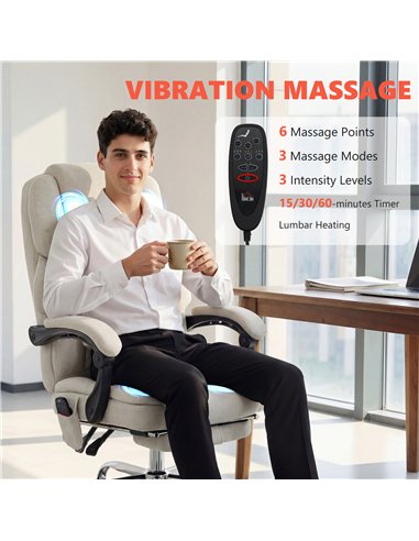 HOMCOM Office Chair with 6-point Vibration Massage and Heat, Fabric Desk Chair with Footrest, High Back, Cream White