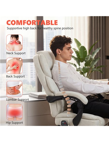 HOMCOM Office Chair with 6-point Vibration Massage and Heat, Fabric Desk Chair with Footrest, High Back, Cream White - pic 191465 | FastDaddyshop