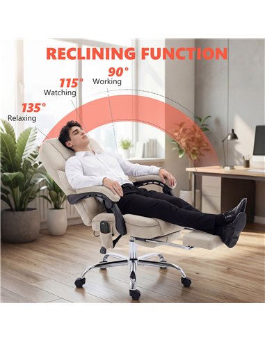 HOMCOM Office Chair with 6-point Vibration Massage and Heat, Fabric Desk Chair with Footrest, High Back, Cream White