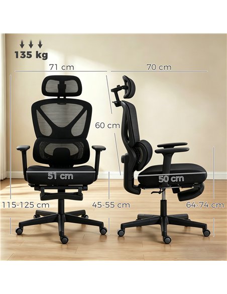 HOMCOM Mesh Desk Chair with 3D Armrests, Ergonomic Office Chair with Rotatable Headrest, Black - pic 191643 | FastDaddyshop