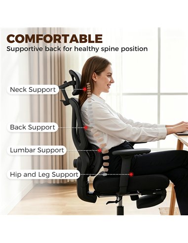 HOMCOM Mesh Desk Chair with 3D Armrests, Ergonomic Office Chair with Rotatable Headrest, Black
