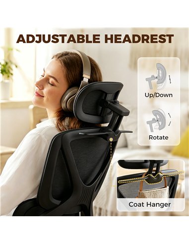 HOMCOM Mesh Desk Chair with 3D Armrests, Ergonomic Office Chair with Rotatable Headrest, Black