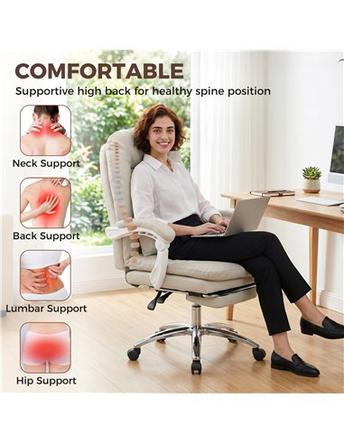 HOMCOM Ergonomic Executive Office Chair, Reclining Desk Chair with Lumbar Support, Footrest, Plush Thick Cushion, Khaki