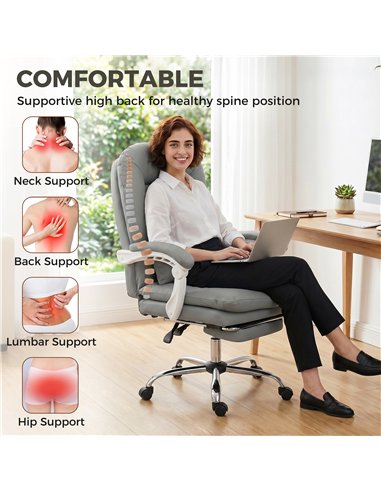 HOMCOM Ergonomic Executive Office Chair, Reclining Desk Chair with Lumbar Support, Footrest, Plush Thick Cushion, Grey