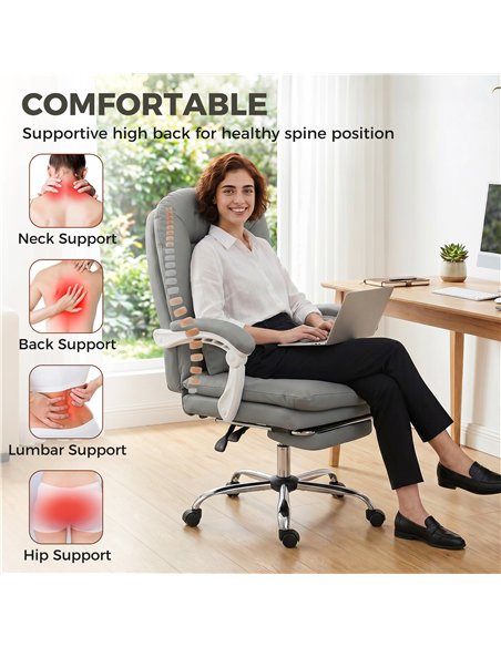 HOMCOM Ergonomic Executive Office Chair, Reclining Desk Chair with Lumbar Support, Footrest, Plush Thick Cushion, Grey - pic 191662 | FastDaddyshop