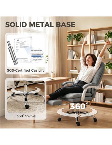 HOMCOM Ergonomic Executive Office Chair, Reclining Desk Chair with Lumbar Support, Footrest, Plush Thick Cushion, Grey
