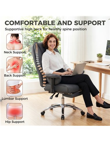 HOMCOM Executive Office Chair, Reclining Desk Chair with Footrest, Adjustable Armrests, Pet Friendly Faux Leather, Black