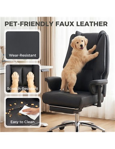 HOMCOM Executive Office Chair, Reclining Desk Chair with Footrest, Adjustable Armrests, Pet Friendly Faux Leather, Black