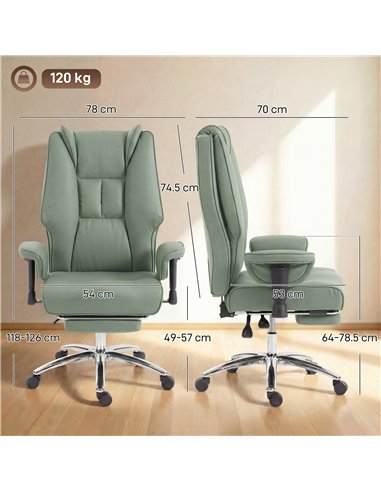 HOMCOM Executive Office Chair, Reclining Desk Chair with Footrest, Adjustable Armrests, Pet Friendly Faux Leather, Green